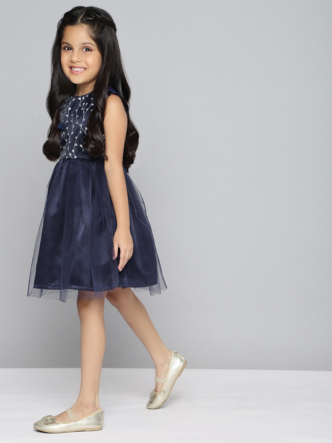 

YK Girls Navy Blue & Grey Floral Print Net Fit & Flare Dress