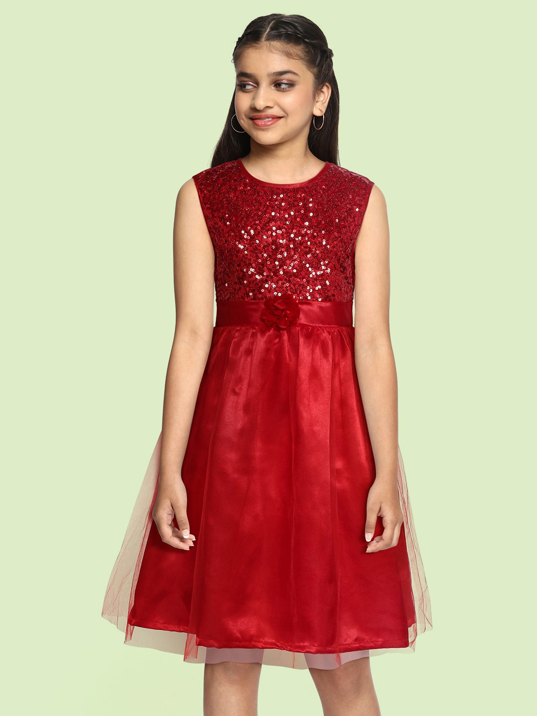 

YK Girls Red Sequinned Net Fit & Flare Dress with Floral Applique Detail