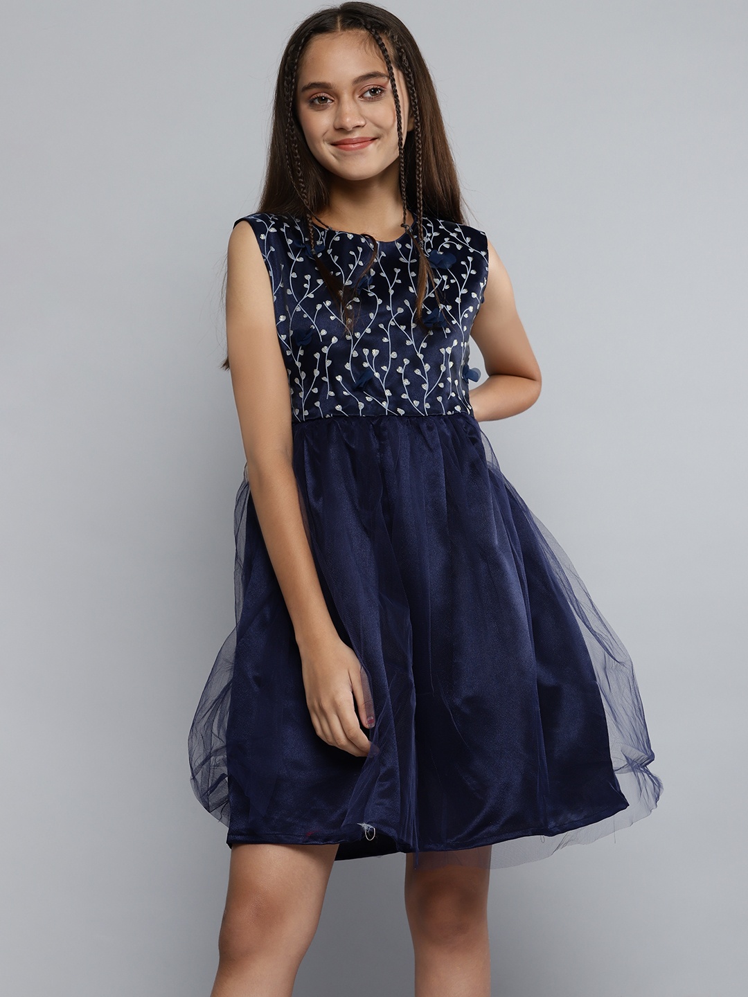 

YK Girls Navy Blue & Grey Floral Print Net Fit & Flare Dress