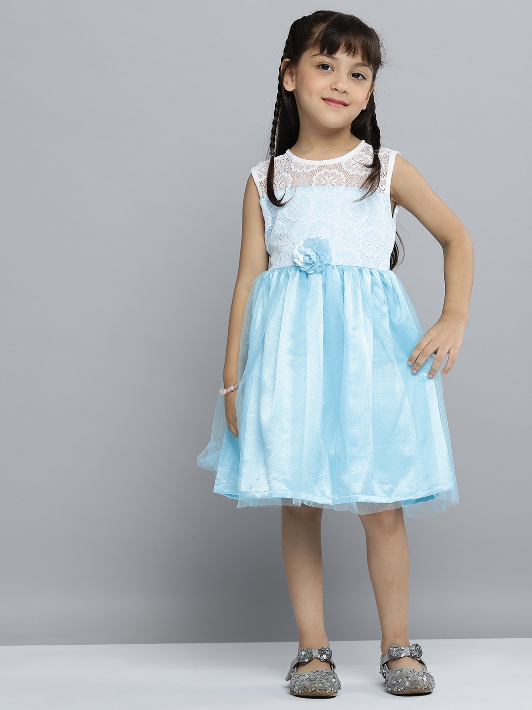 

YK Girls White & Blue Floral Lace Fit & Flare Dress