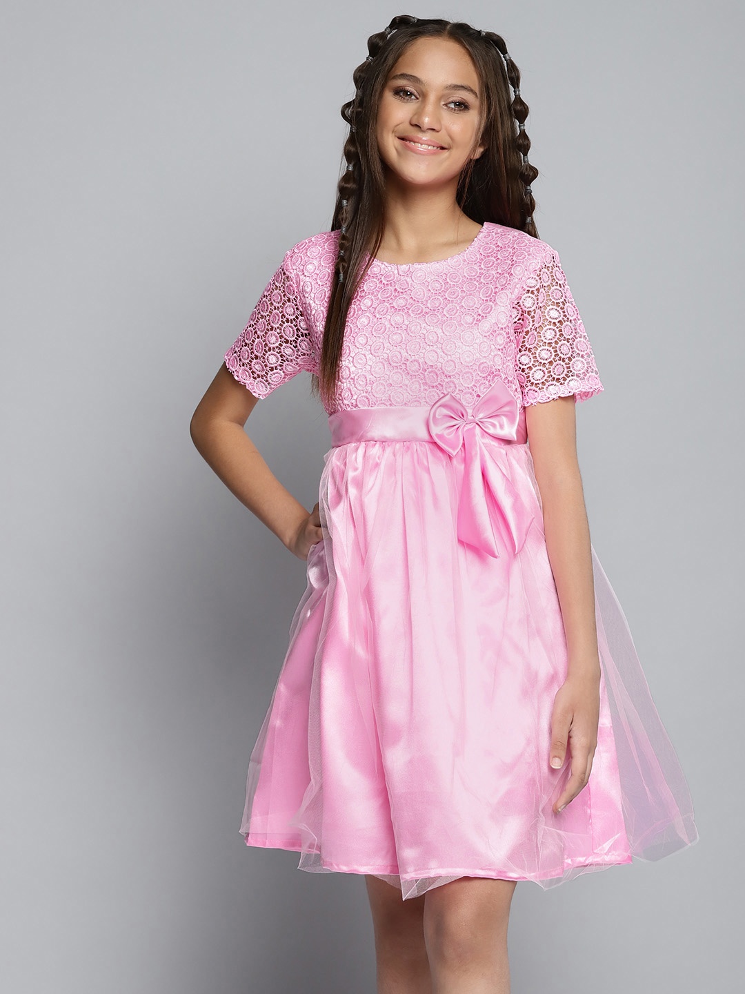 

YK Girls Pink Lace Fit & Flare Dress with Bow Detail