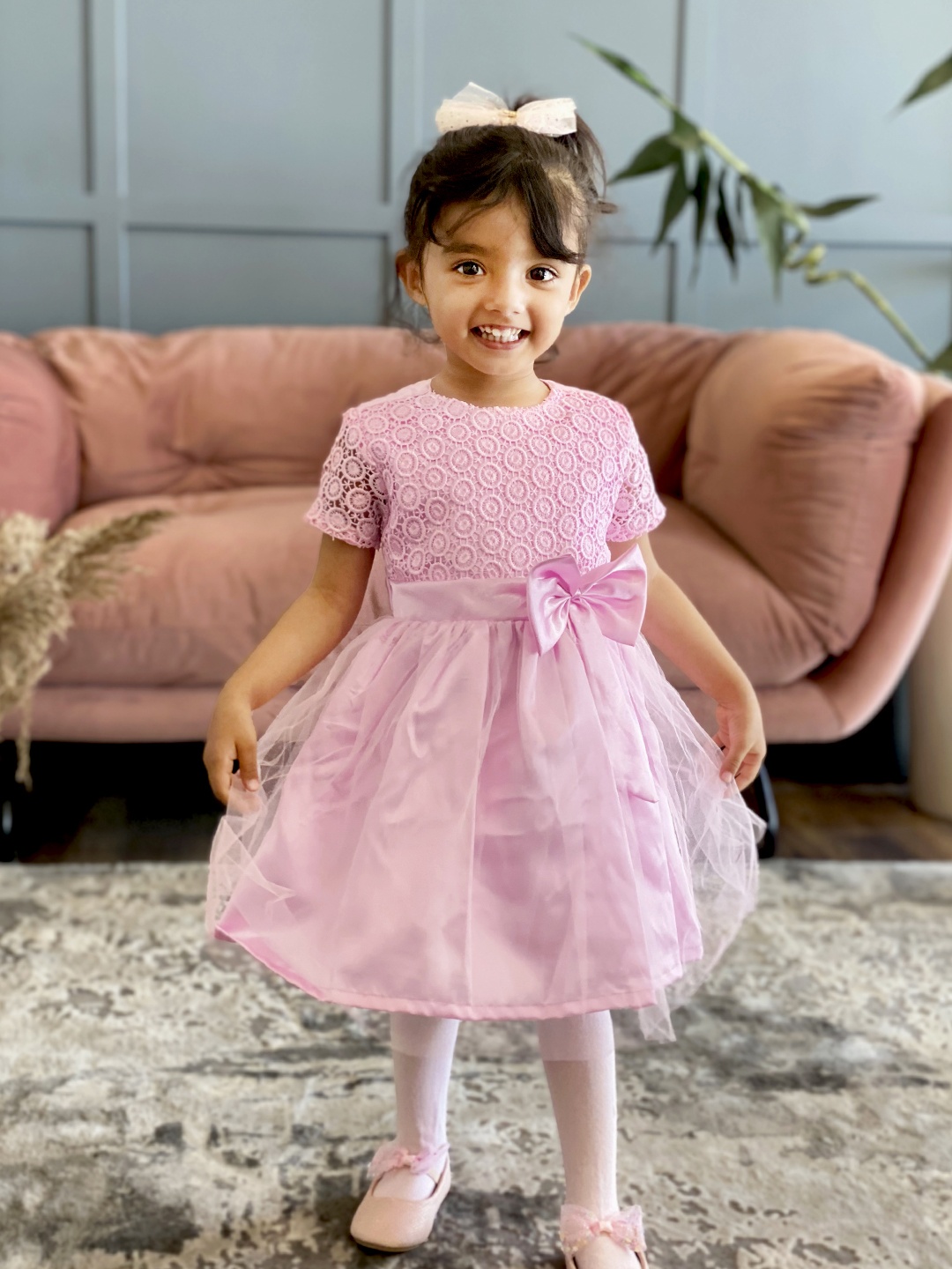 

YK Girls Pink Lace Fit & Flare Dress with Bow Detail