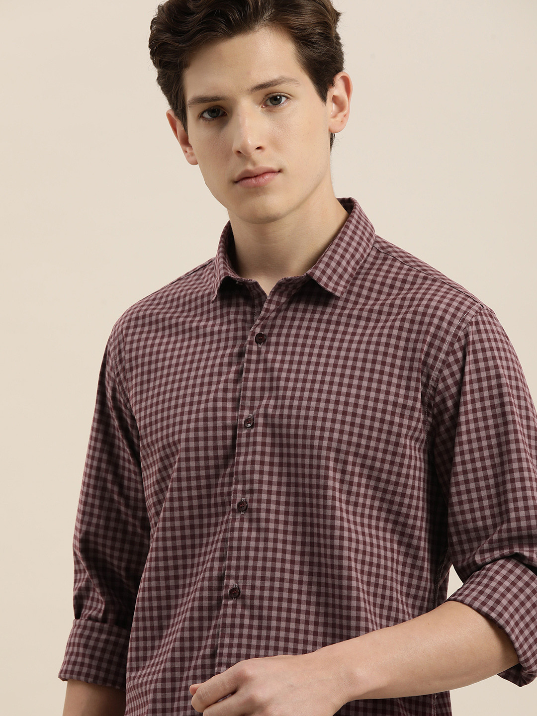 

ether Men Maroon & Grey Gingham Checks Casual Shirt