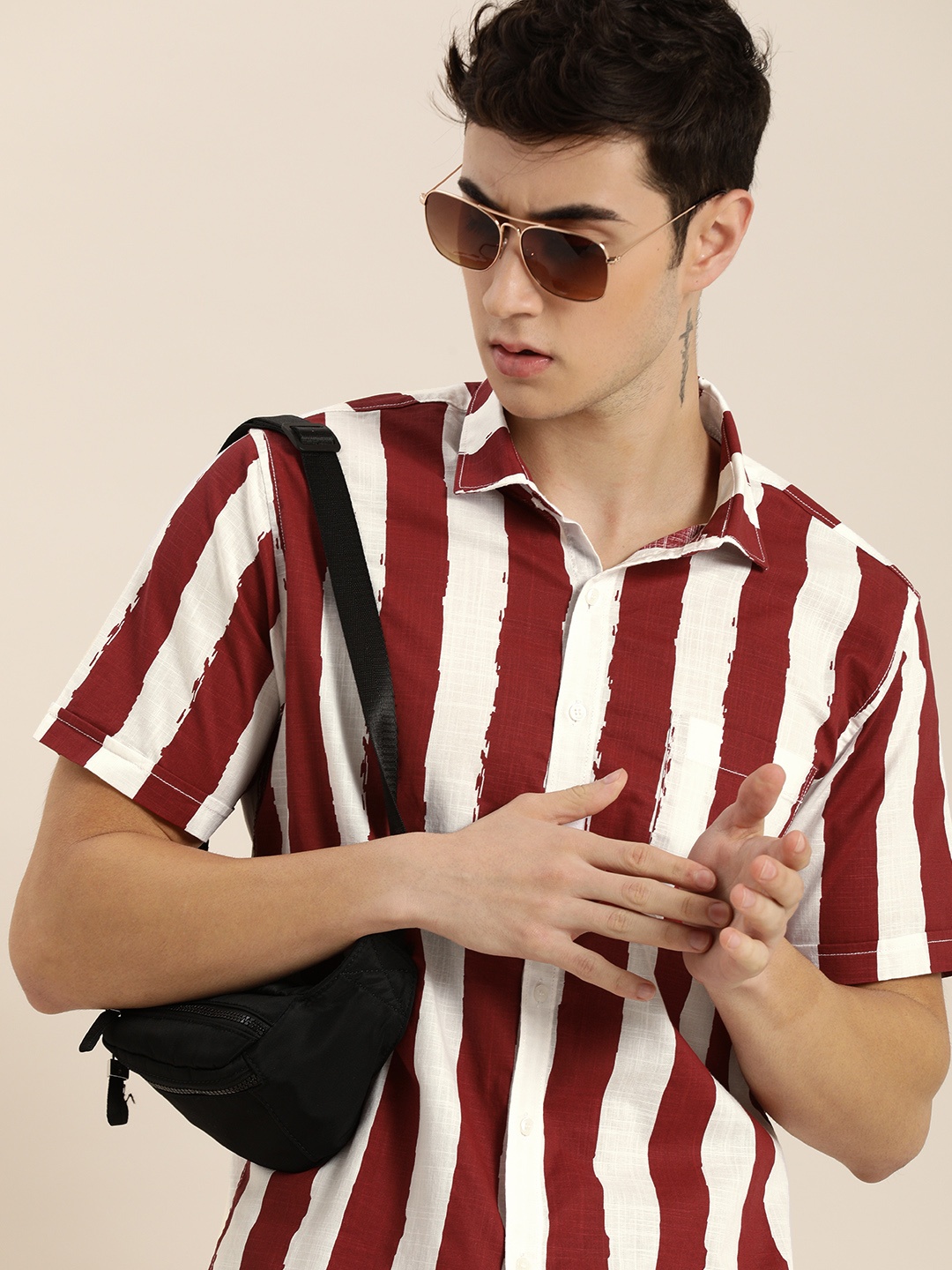 

ether Men Maroon & White Striped Pure Cotton Casual Shirt