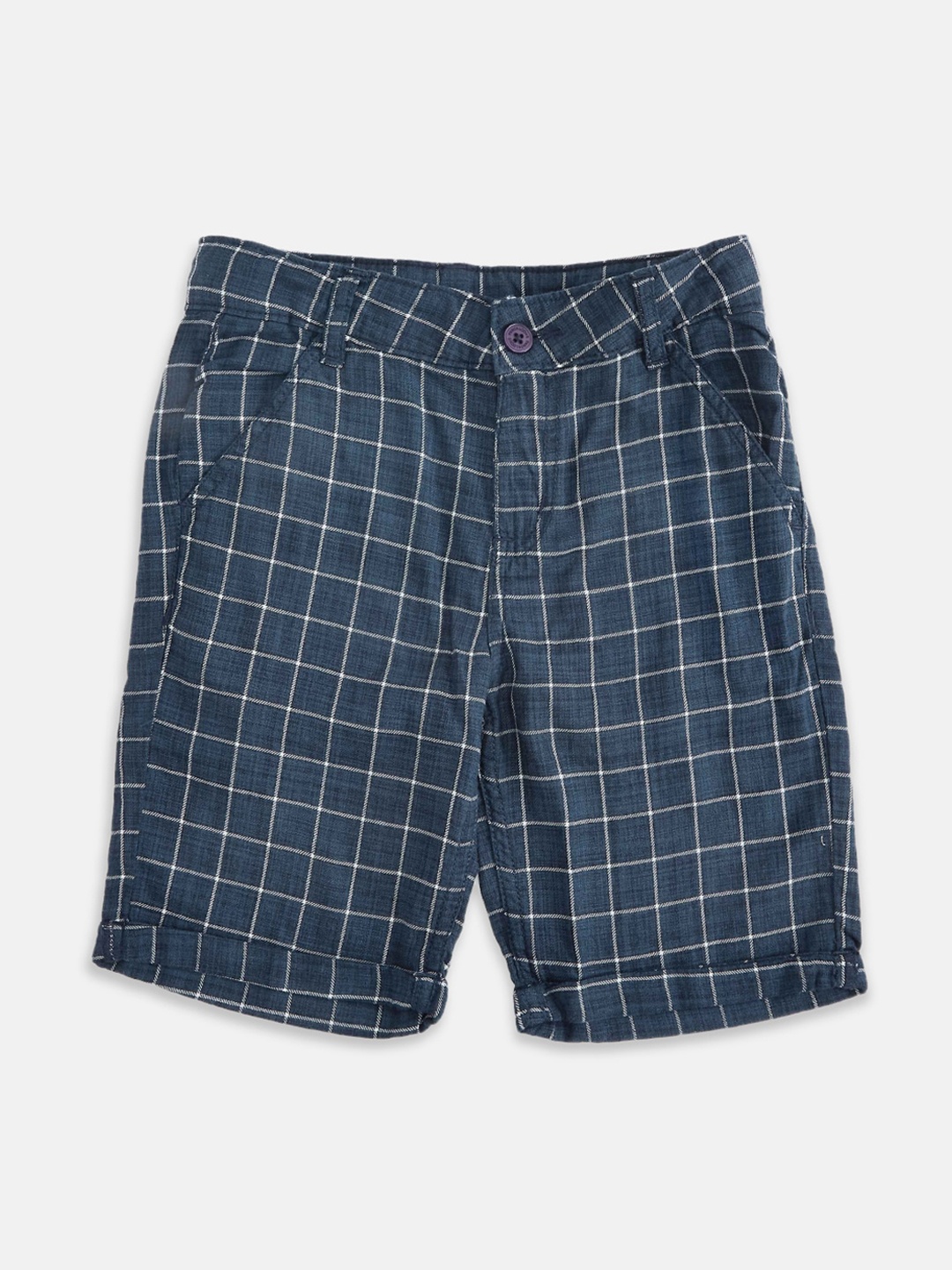 

Pantaloons Junior Boys Navy Blue & White Checked Regular Pure Cotton Shorts