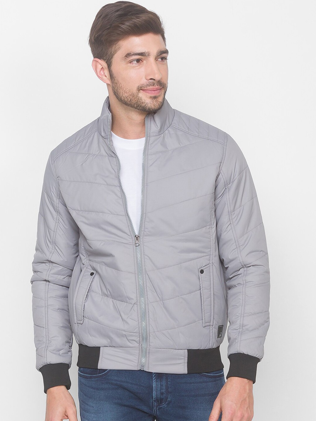 

SPYKAR Men Grey Solid Striped Bomber Jacket