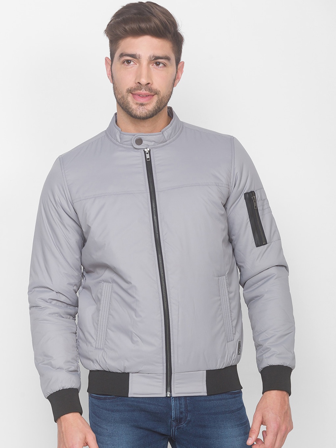 

SPYKAR Men Grey Solid Bomber Jacket