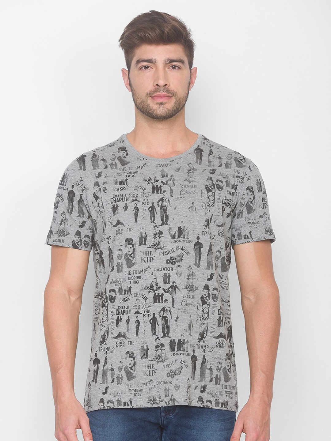 

SPYKAR Men Grey & Black Printed T-shirt