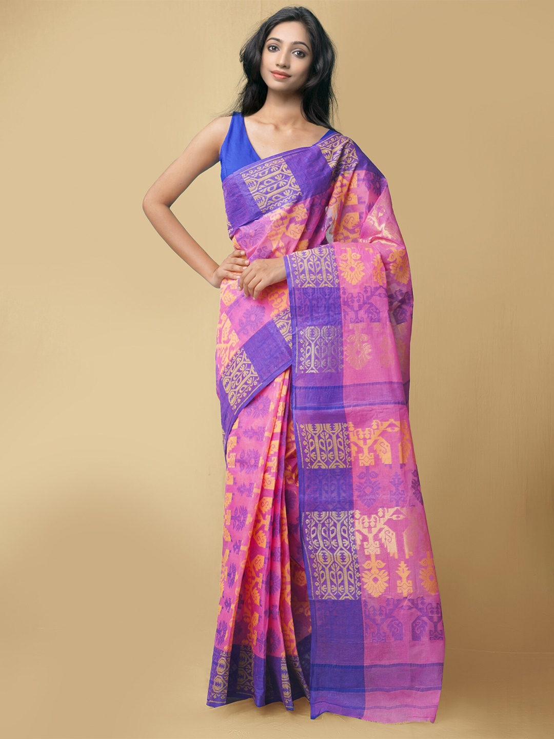 

Unnati Silks Pink & Blue Ethnic Motifs Pure Cotton Taant Saree