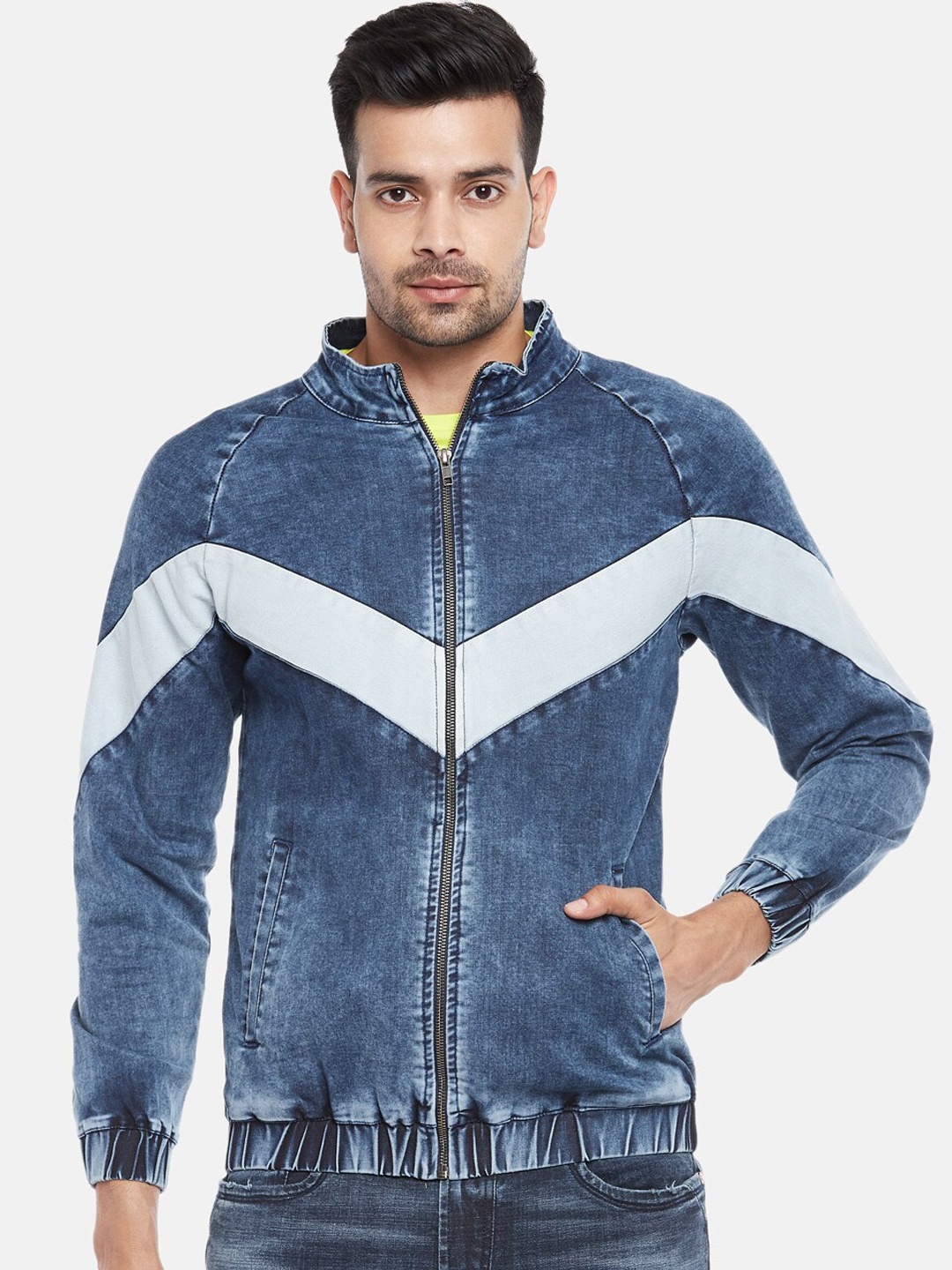 

People Men Blue & White Geometric Denim Jacket