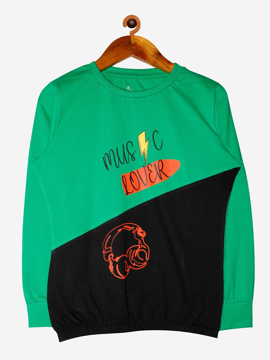 KiddoPanti Girls Green & Black Typography Printed Pure Cotton T-shirt