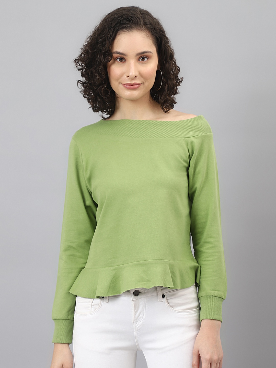 

DEEBACO Women Olive Green One-Shoulder Sweatshirt