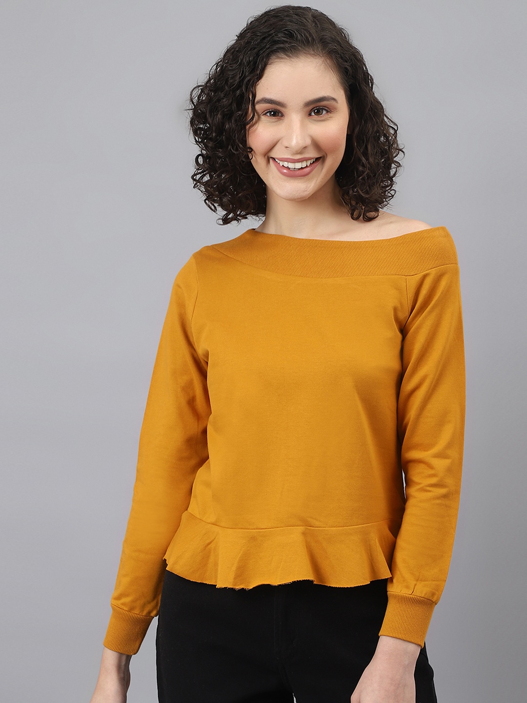 

DEEBACO Women Mustard Yellow One-Shoulder Sweatshirt