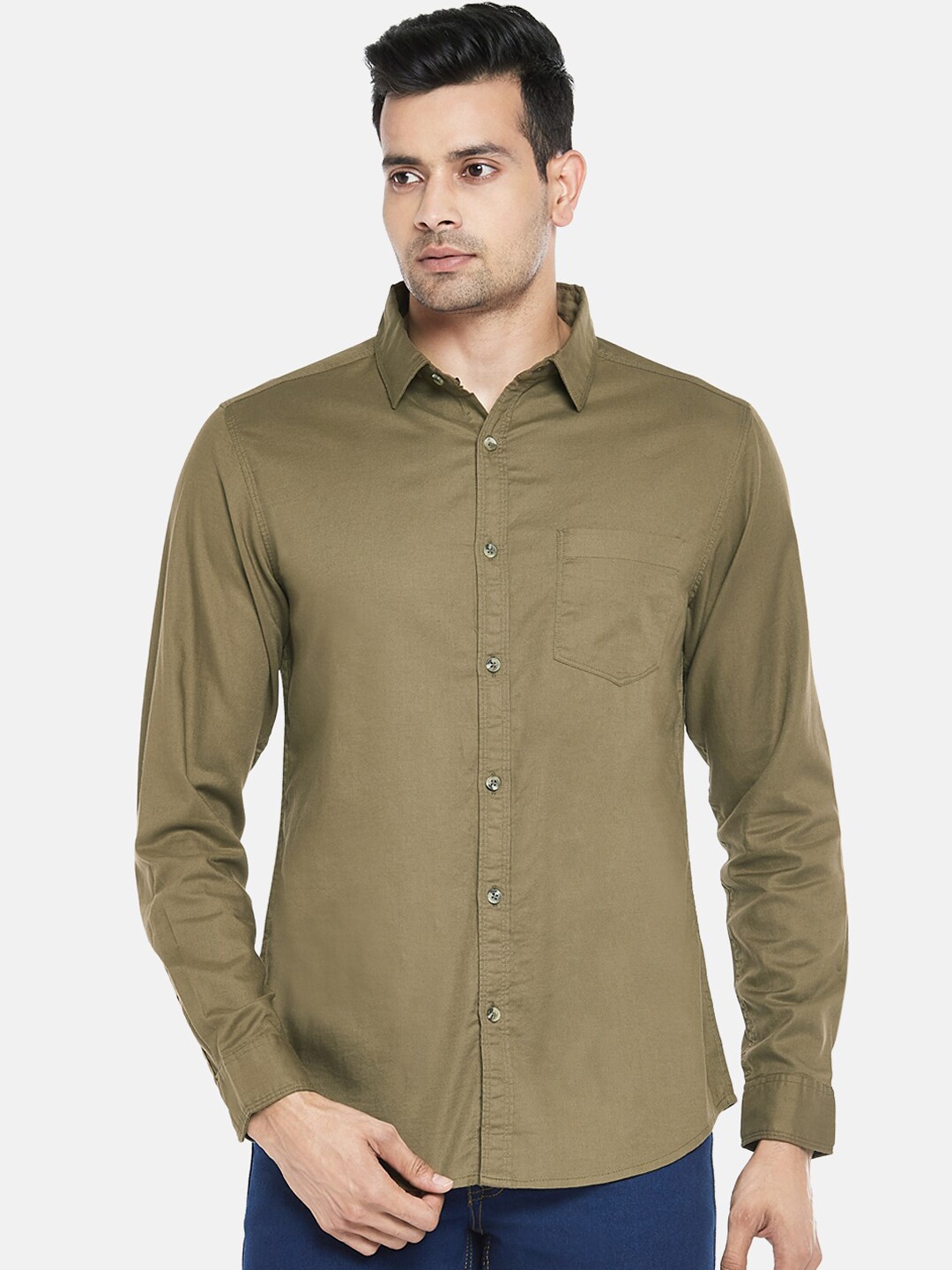 

BYFORD by Pantaloons Men Olive Green Slim Fit Opaque Casual Shirt