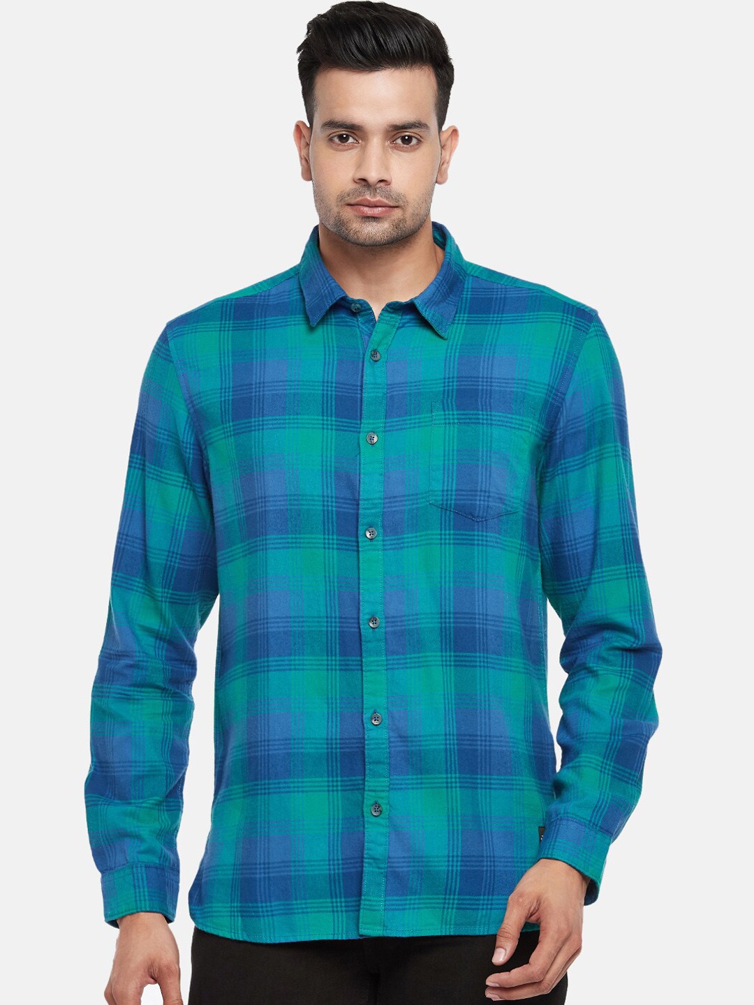 

People Men Green Tartan Checks Opaque Checked Casual Shirt