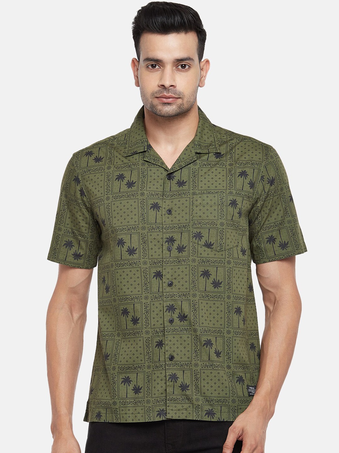 

People Men Olive Green Floral Opaque Printed Pure Cotton Casual Shirt