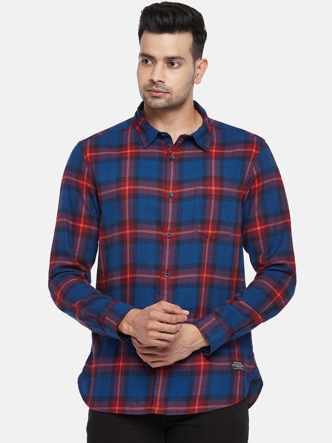 

People Men Blue Opaque Checked Casual Shirt