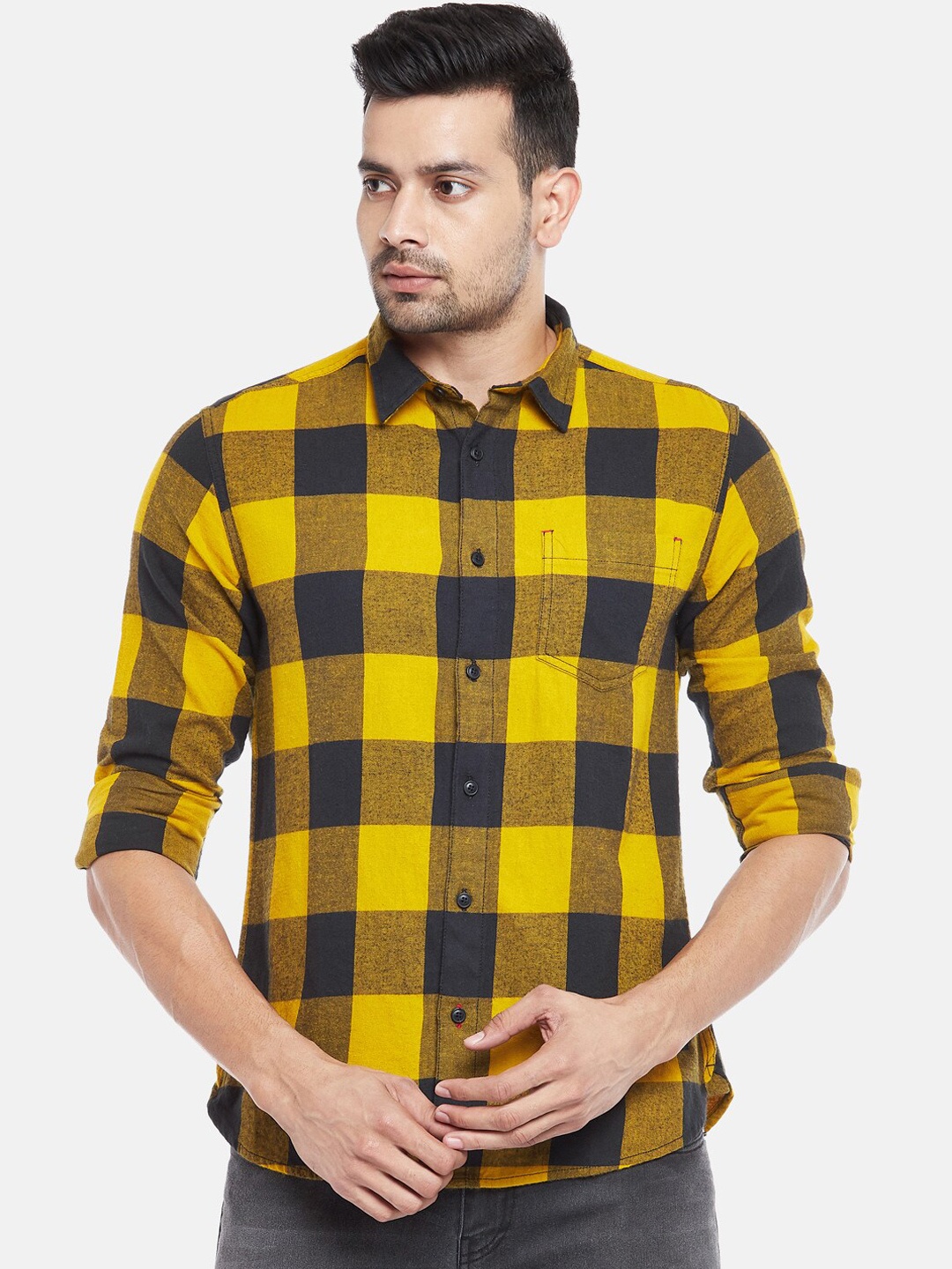 

People Men Mustard Yellow & Navy Blue Opaque Checked Casual Shirt