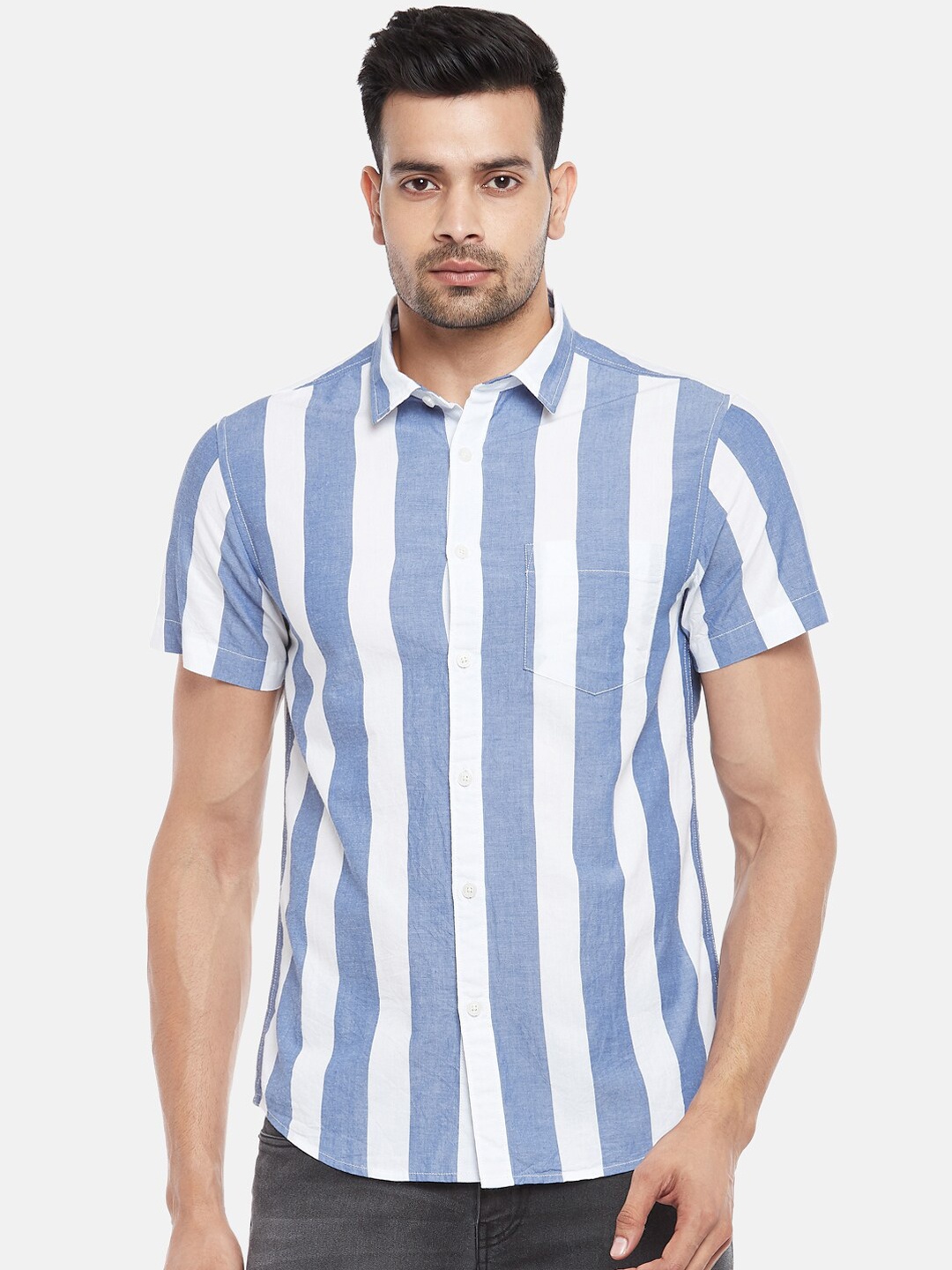 

People Men Blue & White Opaque Striped Casual Cotton Shirt