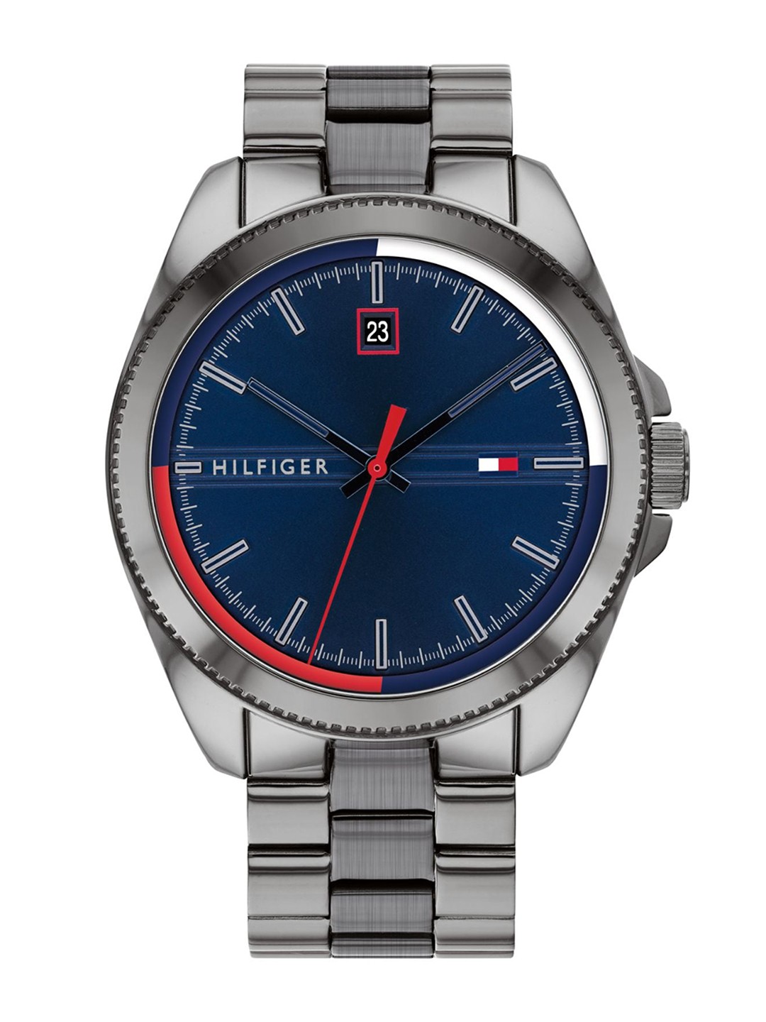 

Tommy Hilfiger Men Blue Dial & Grey Stainless Steel Bracelet Style Straps Analogue Watch