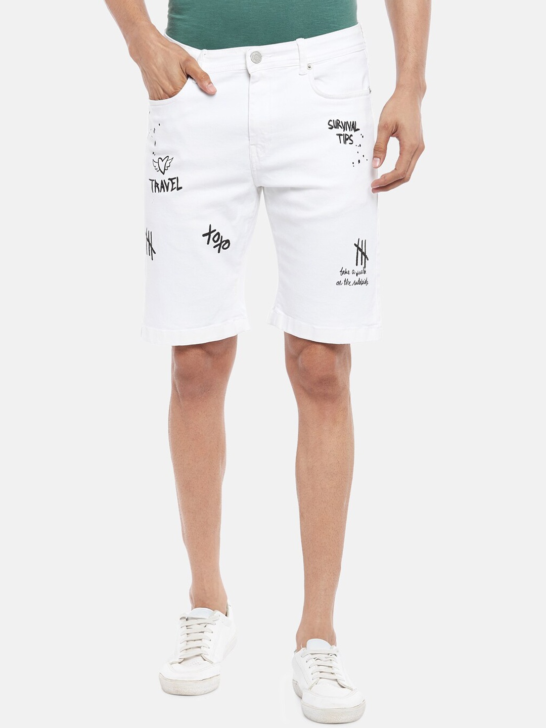 

People Men White Typography Printed Denim Shorts