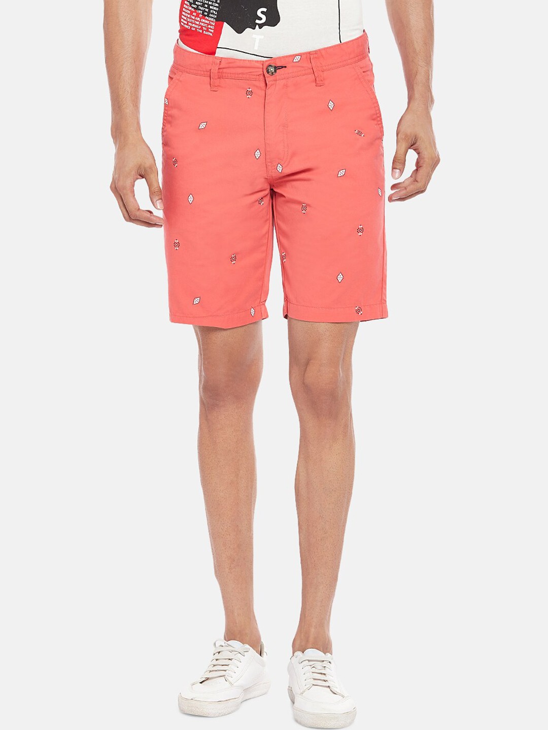

Urban Ranger by pantaloons Men Coral Pink Pure Cotton Printed Slim Fit Regular Shorts