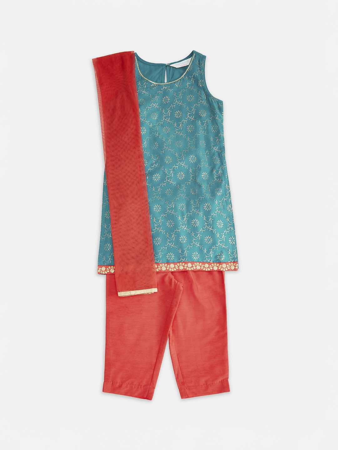 

AKKRITI BY PANTALOONS Girls Turquoise Blue & Coral Red Printed Kurta with Salwar & Dupatta