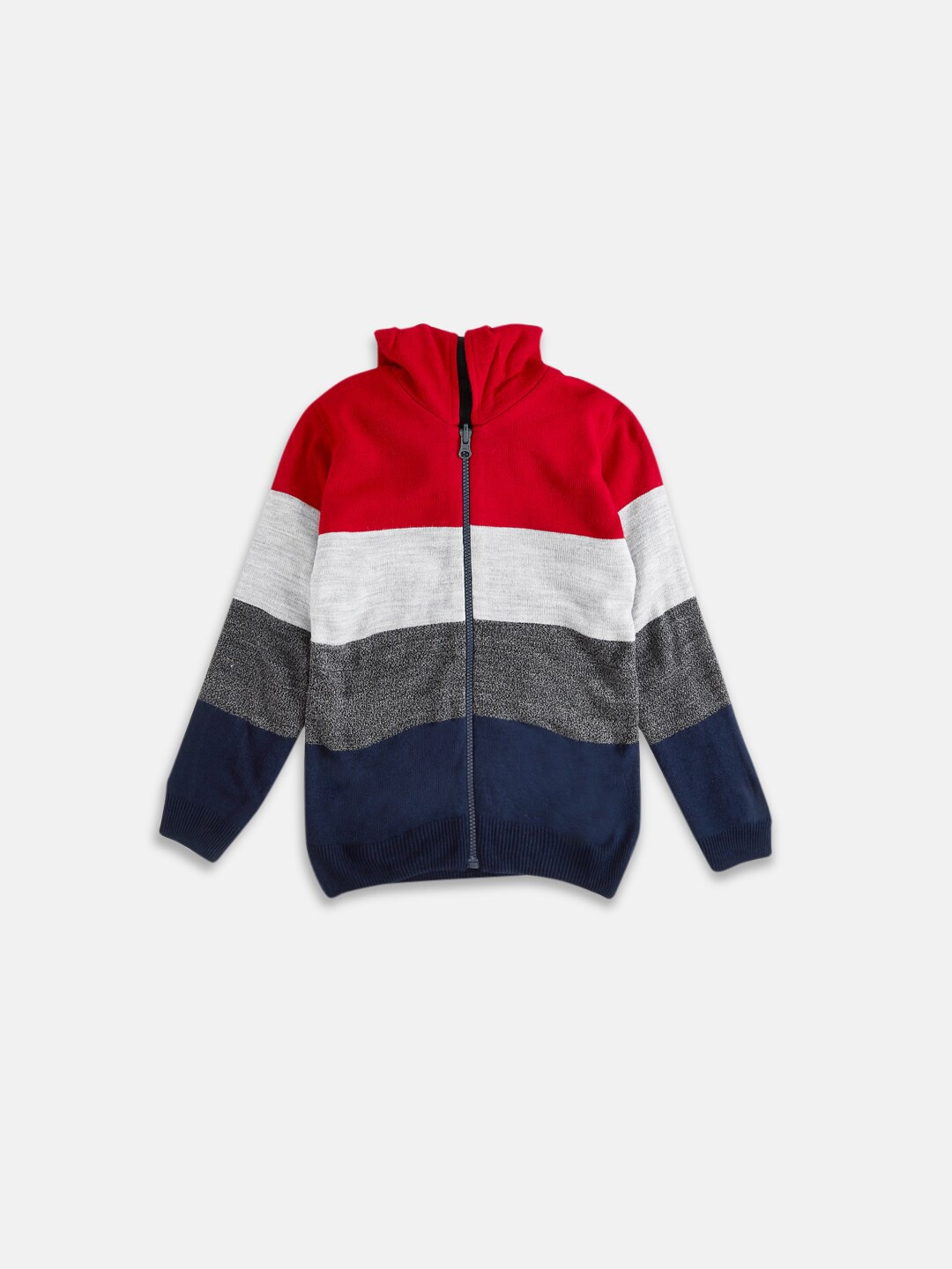 

Pantaloons Junior Boys Red & White Striped Cardigan Hooded Acrylic Sweater