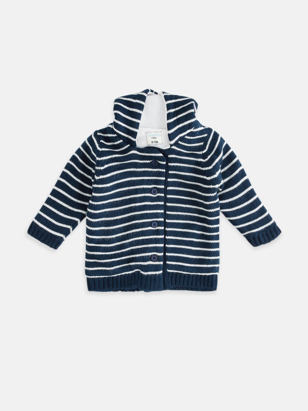 

Pantaloons Baby Boys Navy Blue & White Striped Pure Acrylic Front-Open Sweater