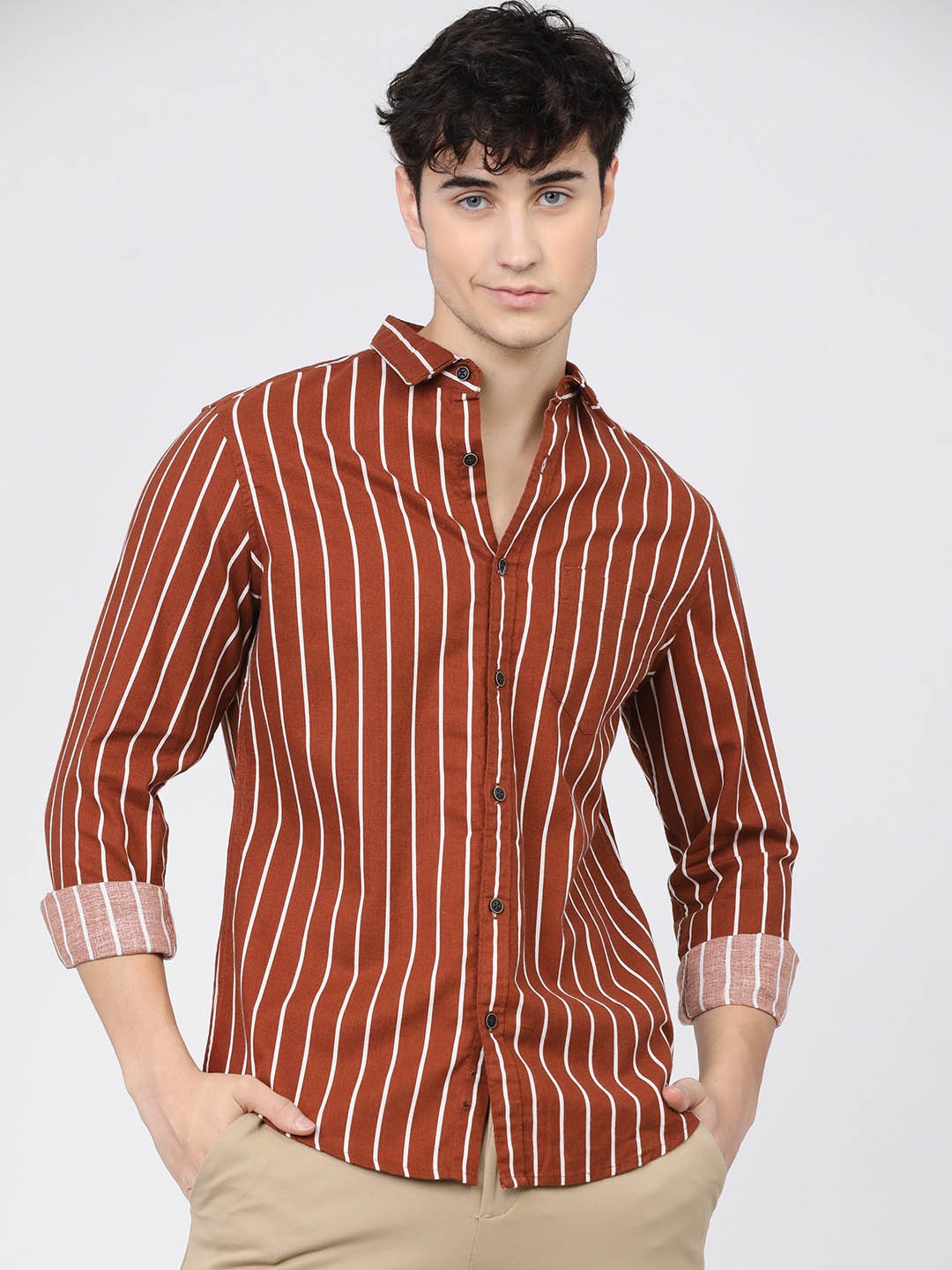 

KETCH Men Slim Fit Opaque Striped Casual Shirt, Rust
