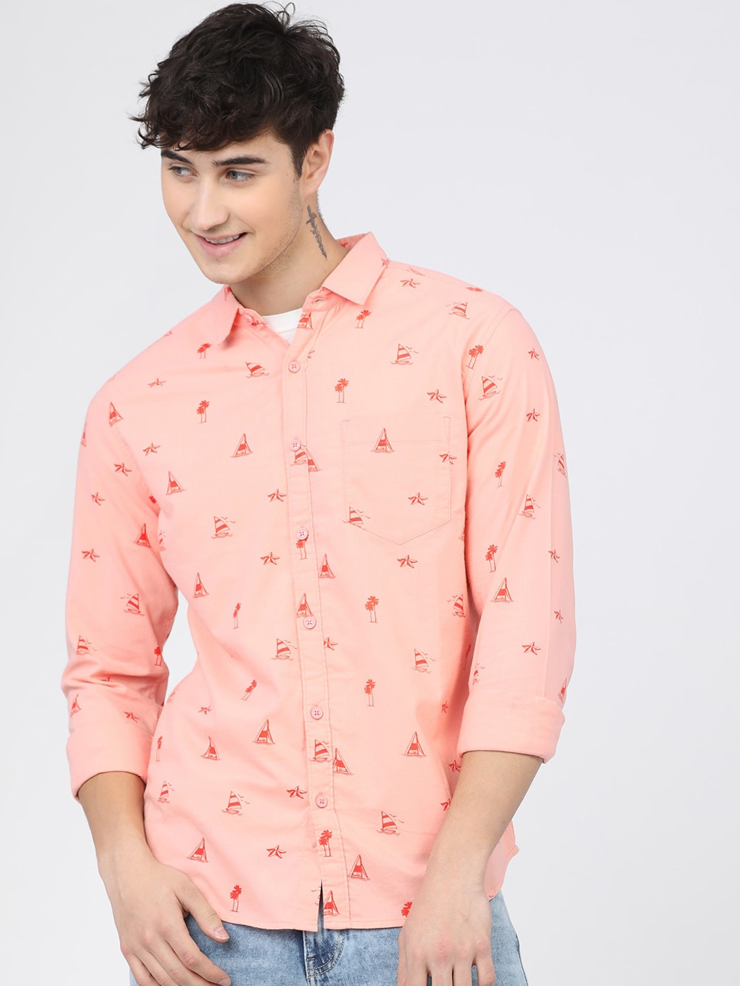 

KETCH Men Peach-Coloured Slim Fit Printed Casual Cotton Shirt