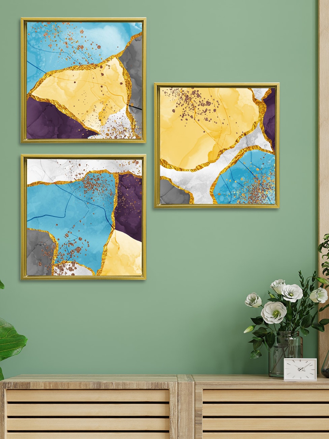 

Art Street Set Of 3 Blue & Yellow Abstract Printed Framed Wall Art