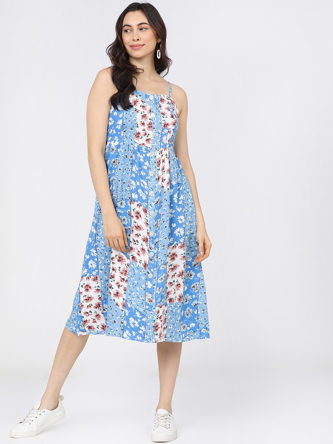 

Tokyo Talkies Blue & White Floral A-Line Midi Dress