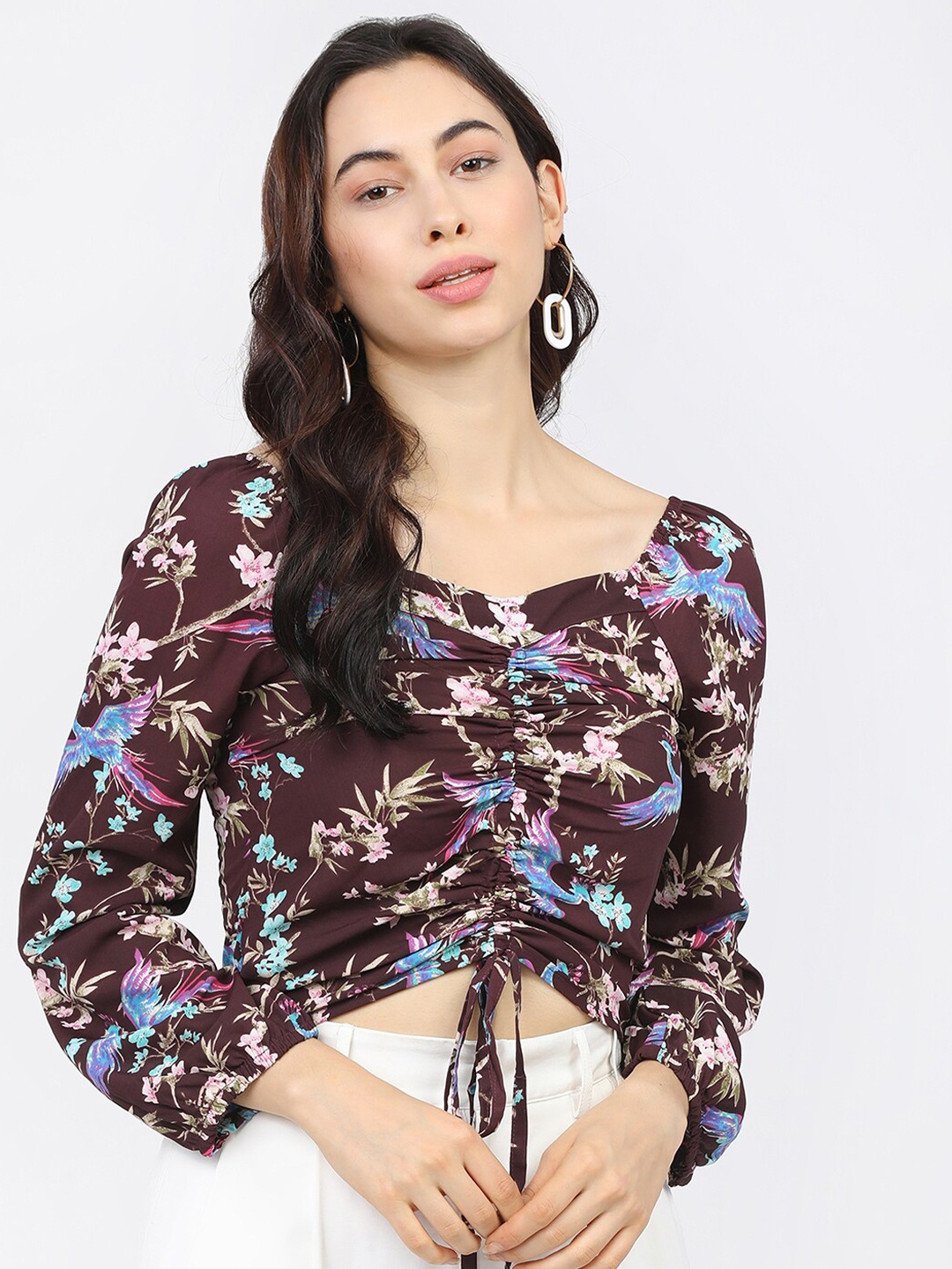 

Tokyo Talkies Purple & White Floral Georgette Regular Crop Top