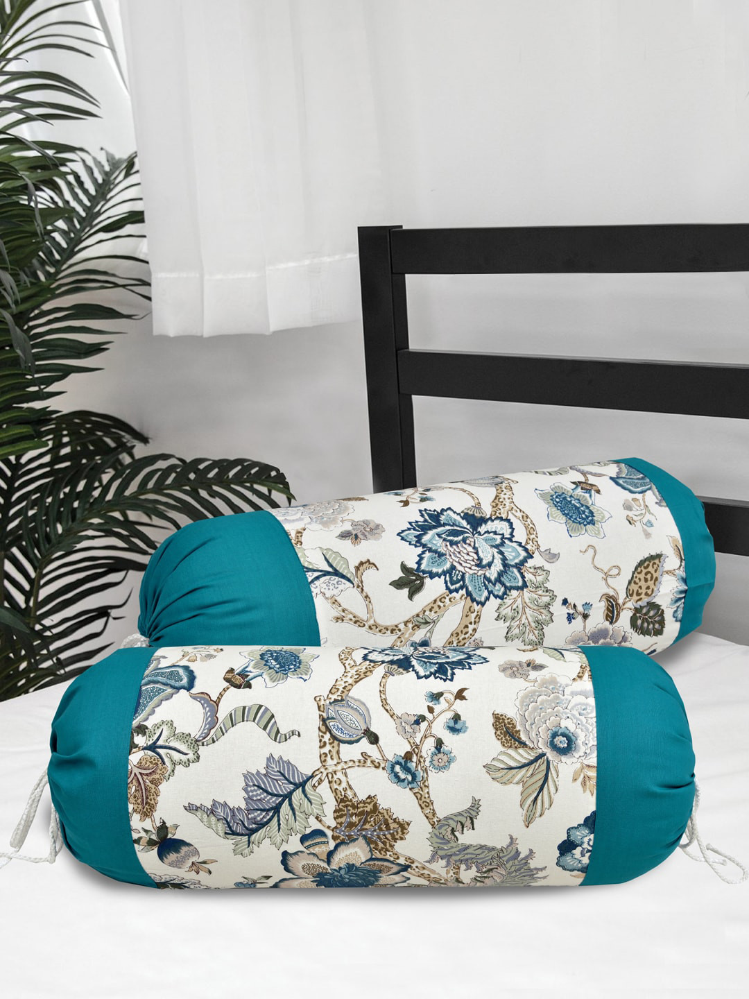 

Clasiko Set Of 2 White & Blue Printed Cotton Bolster Covers