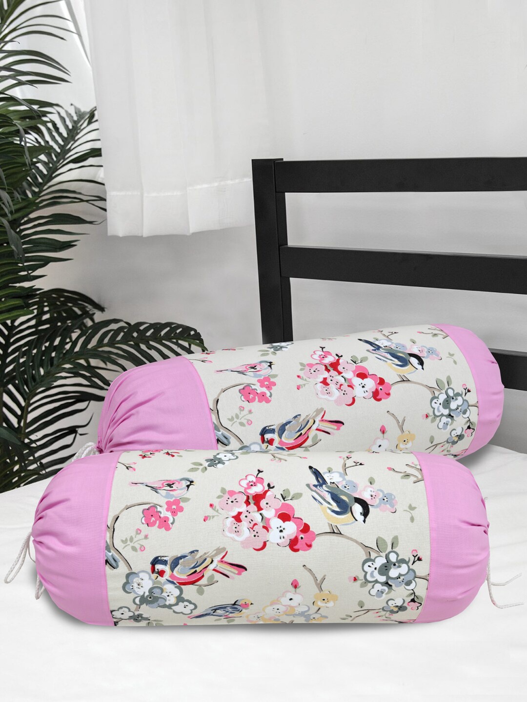 

Clasiko Set Of 2 White & Pink Printed Cotton Bolster Covers
