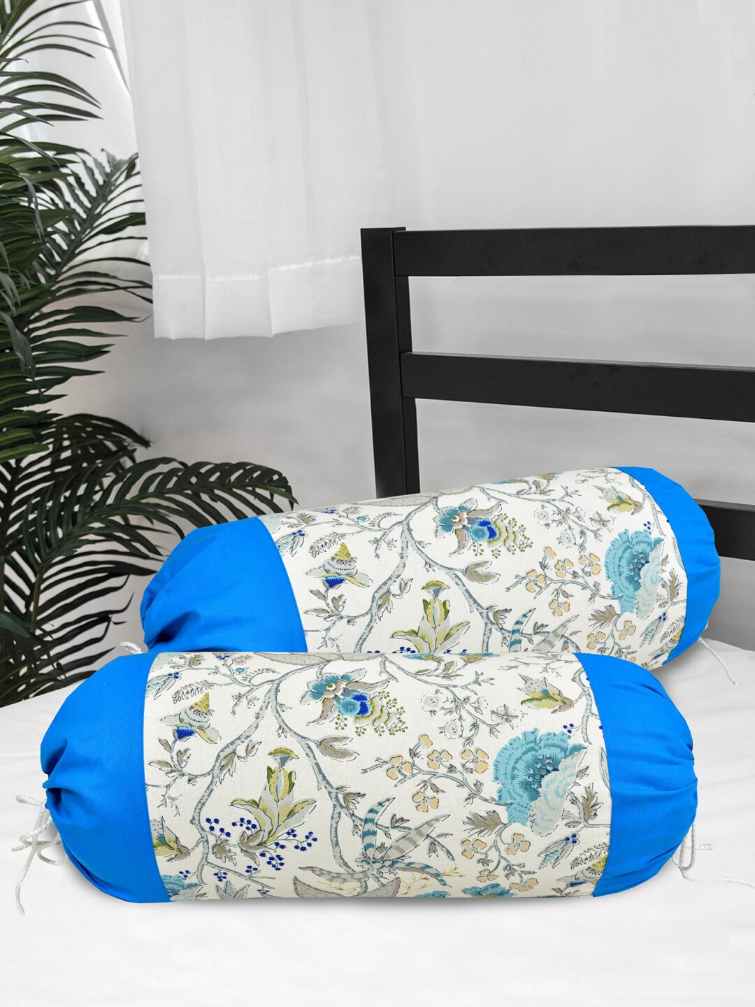 

Clasiko Set Of 2 Off-White & Blue Floral Printed 300 TC Cotton Bolster Covers