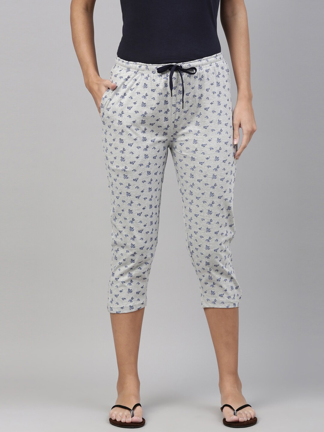

Kryptic Women Grey Melange & Blue Printed Cotton Capris