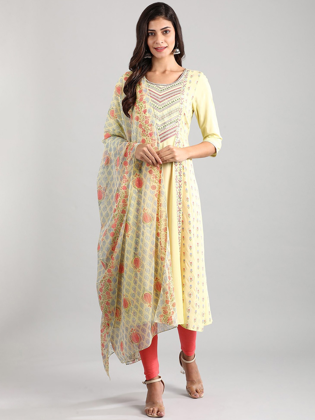 

AURELIA Women Yellow Floral Printed Pleated Kurta with Trousers & Dupatta