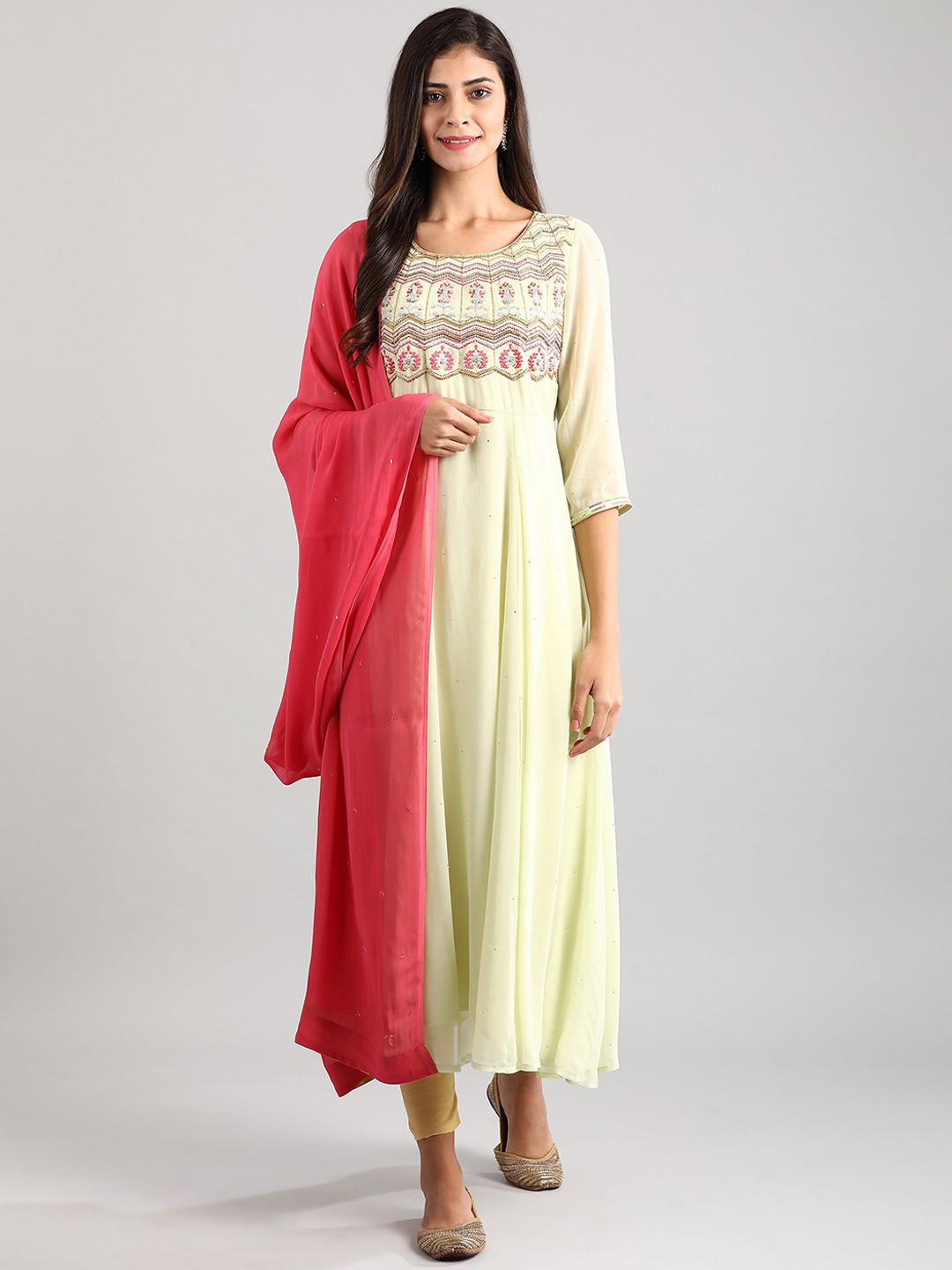 

AURELIA Women Green Ethnic Motifs Panelled Kurta with Palazzos & With Dupatta