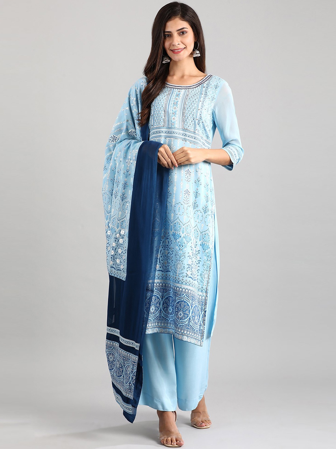 

AURELIA Women Blue Ethnic Motifs Printed Regular Kurta with Palazzos & Dupatta