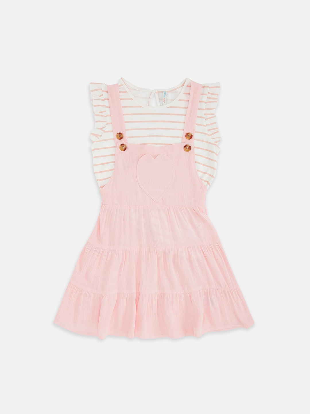 

Pantaloons Junior Pink Tiered Pinafore Dress with White Striped Top