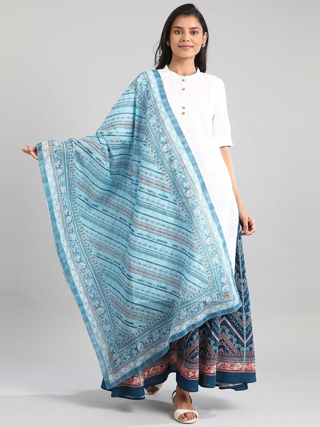 

AURELIA Blue & Peach-Coloured Printed Pure Cotton Dupatta