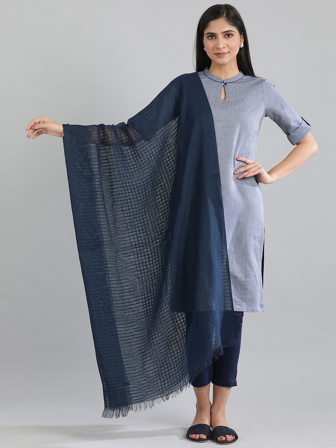 

AURELIA Navy Blue Woven Design Pure Cotton Dupatta