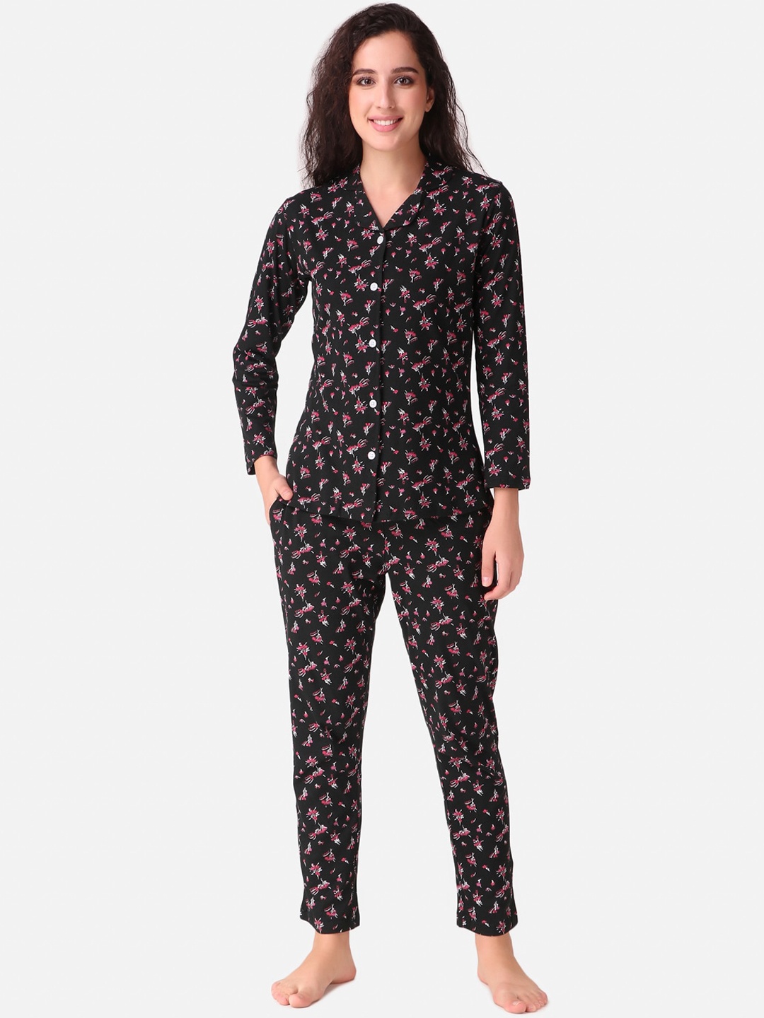 

Masha Women Black & Pink Printed Night suit
