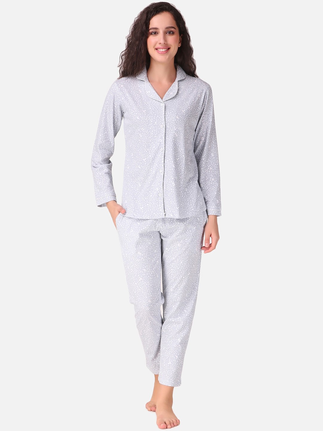 

Masha Women Grey & White Printed Night Suit