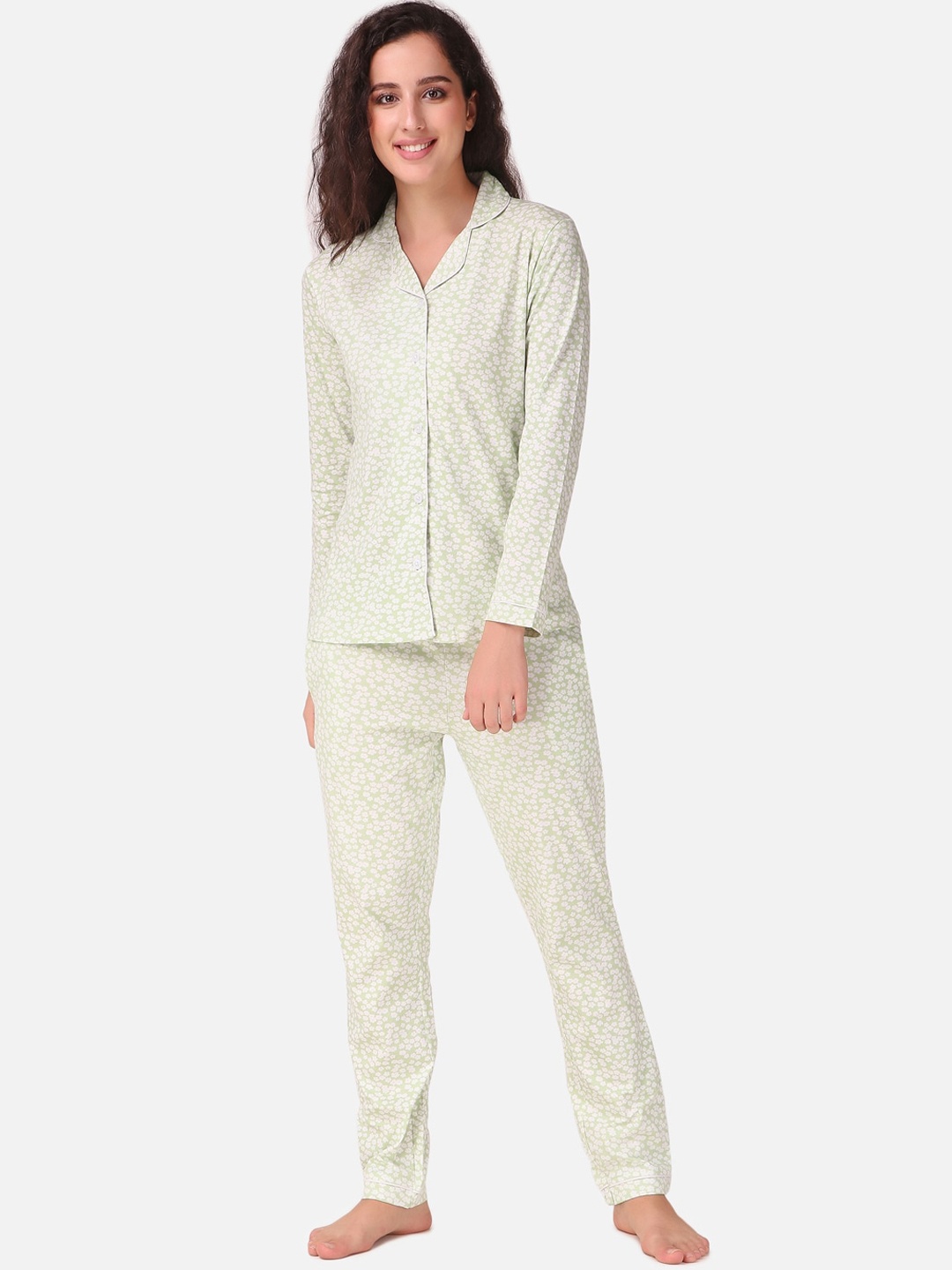 

Masha Women Green & White Printed Pure Cotton Night suit