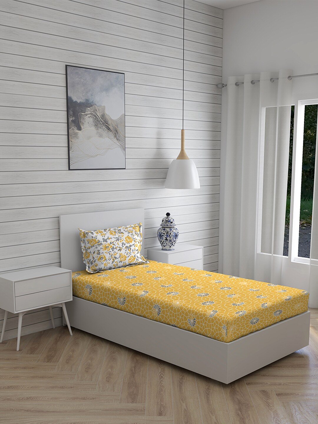 

Layers Yellow & White Geometric 146 TC Single Bedsheet with 1 Pillow Covers