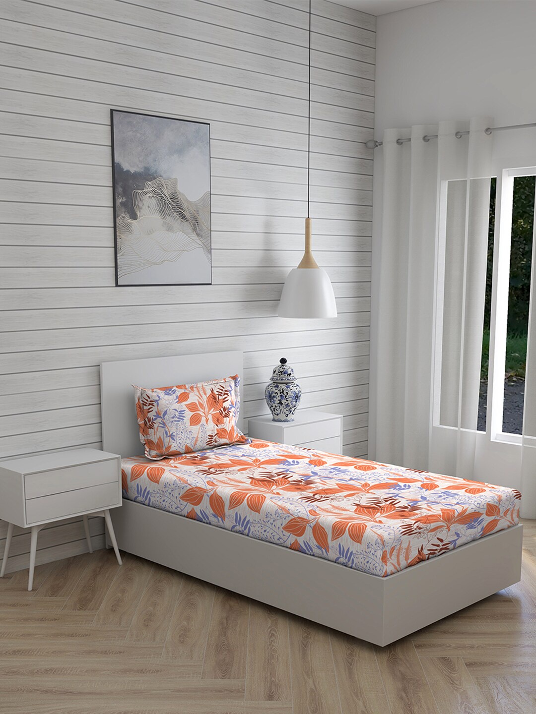 

Layers Orange & Blue Floral 144 TC Single Bedsheet with 1 Pillow Covers