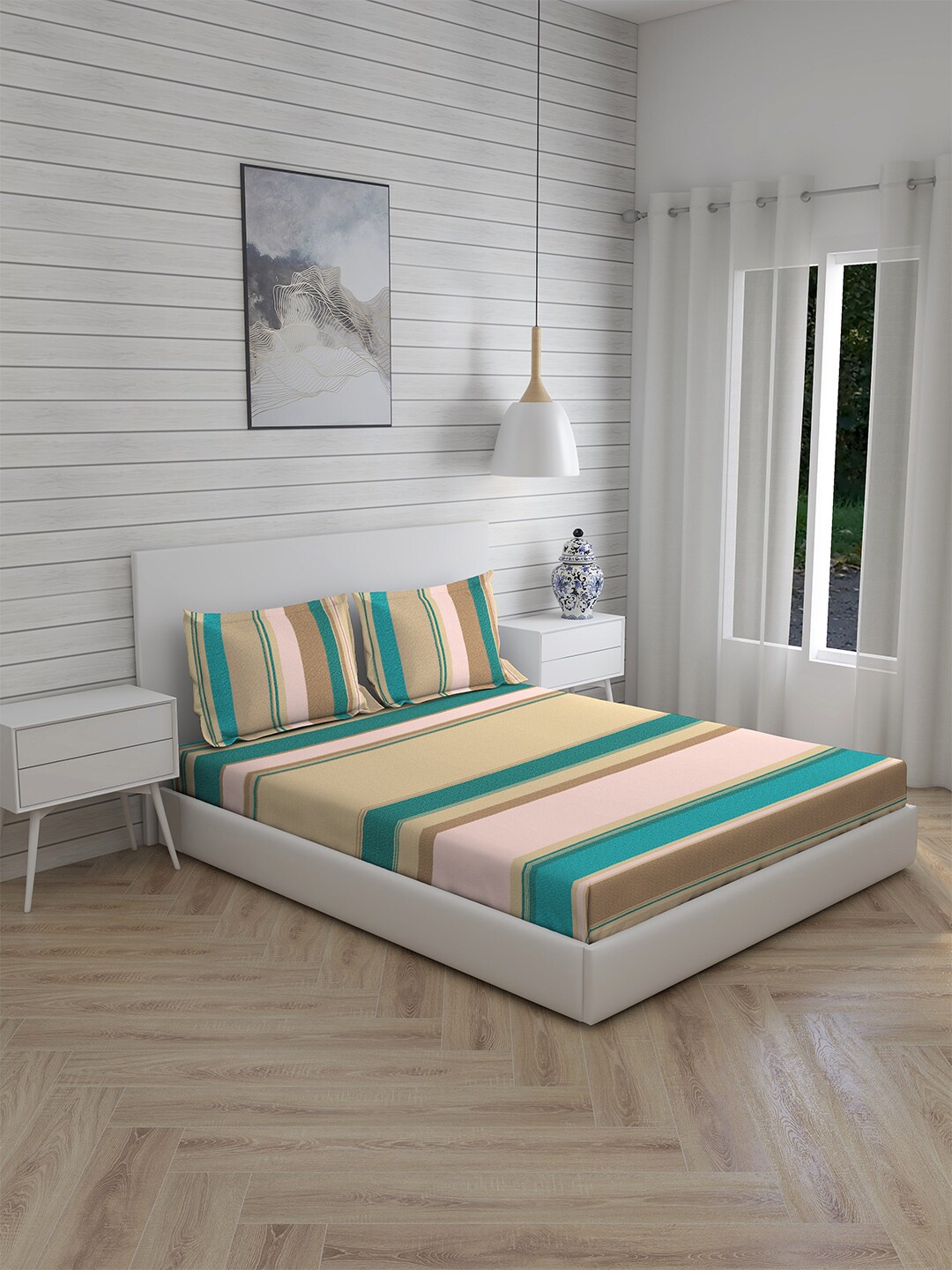 

Layers Blue & Peach-Coloured Striped 144 TC King Bedsheet with 2 Pillow Covers